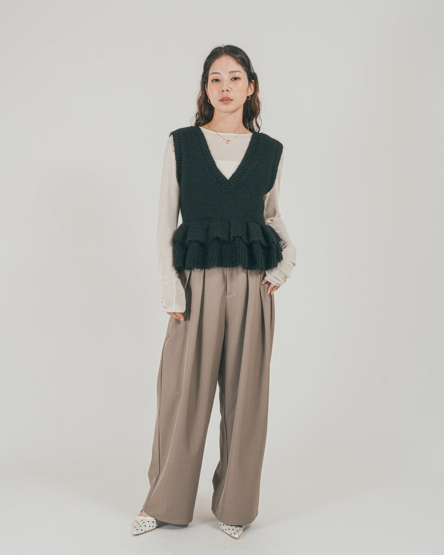 ［SET］2Way モヘアダブルFrillベスト + ダブルタック ハイウエストワイドパンツ（2SET）