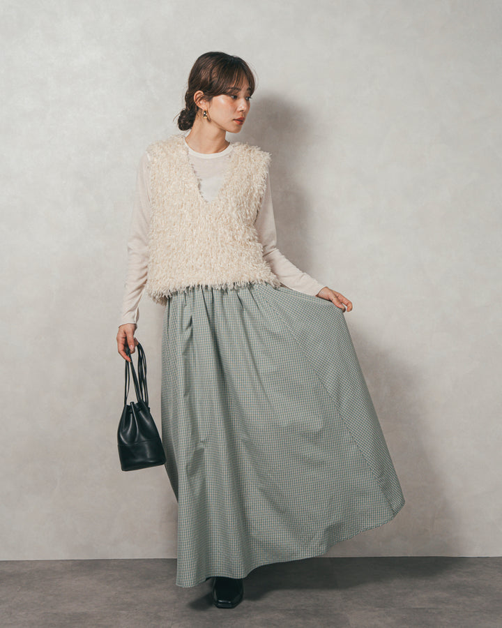 ［SET］2-Way フリンジベスト+チェックギャザーマキシスカート（2SET）
