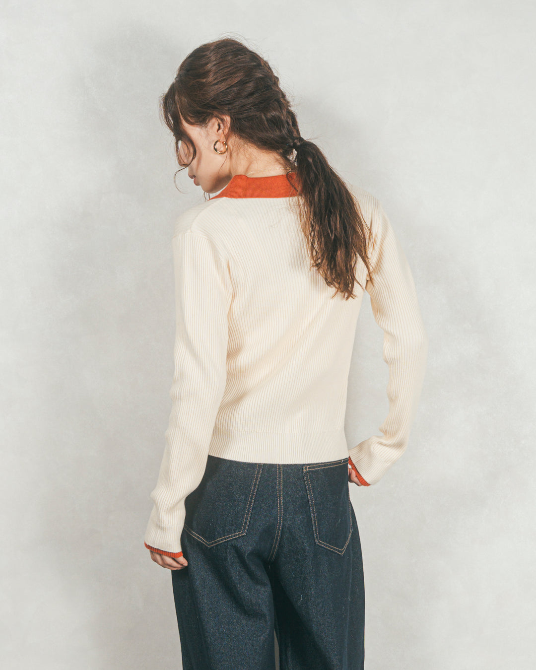 ［SET］バイカラー襟付きニットトップス+ワイドTuckイージーデニム