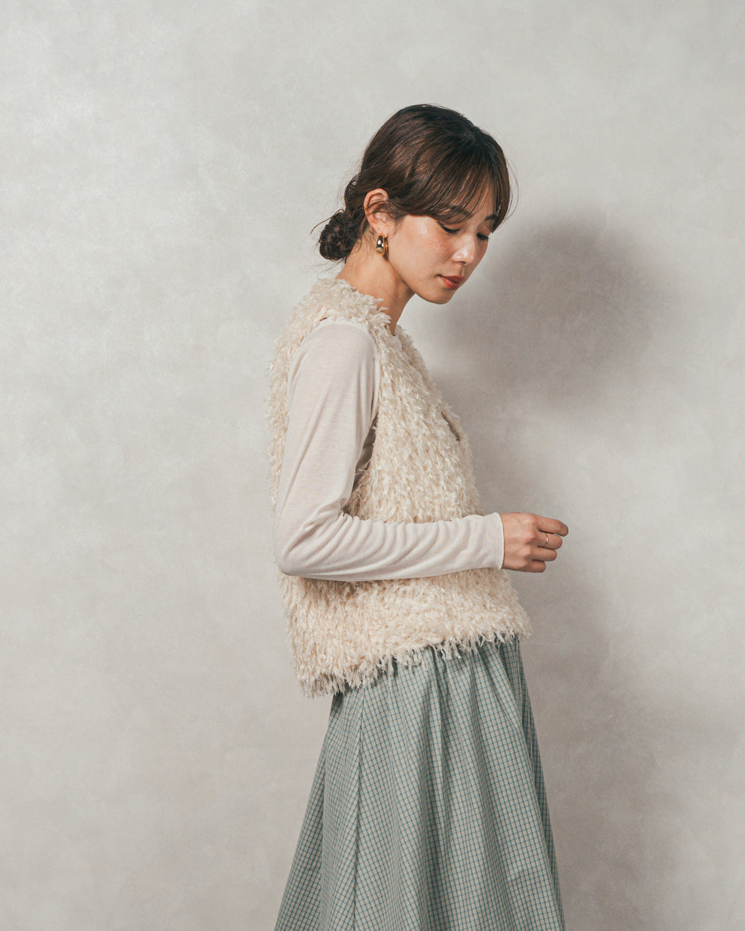 ［SET］2-Way フリンジベスト+チェックギャザーマキシスカート（2SET）