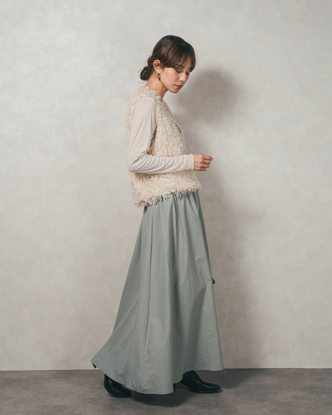 ［SET］2-Way フリンジベスト+チェックギャザーマキシスカート（2SET）