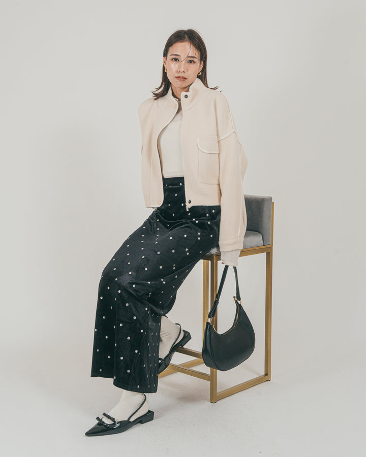 ［SET］Softショートニットブルゾン + Dot ベロアスカート（2SET）