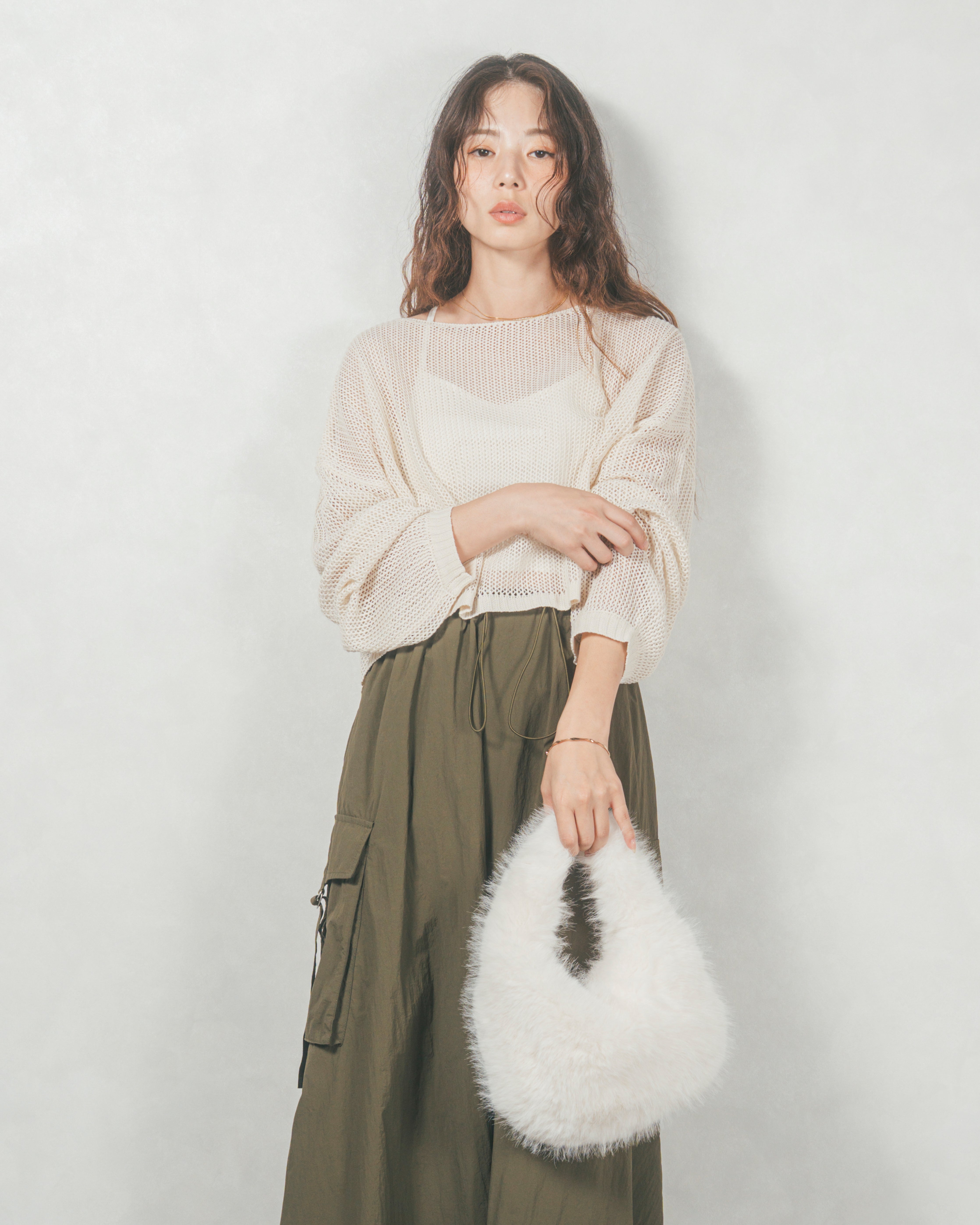 サロ SARO カッタCATTA リメイクスカート オリーブグリーン SET］クロップドメッシュニット+ドローストリングナイロンカーゴ