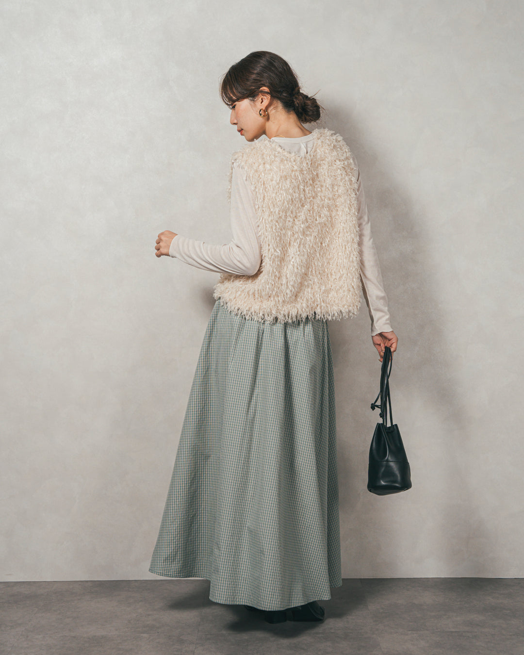 ［SET］2-Way フリンジベスト+チェックギャザーマキシスカート（2SET）