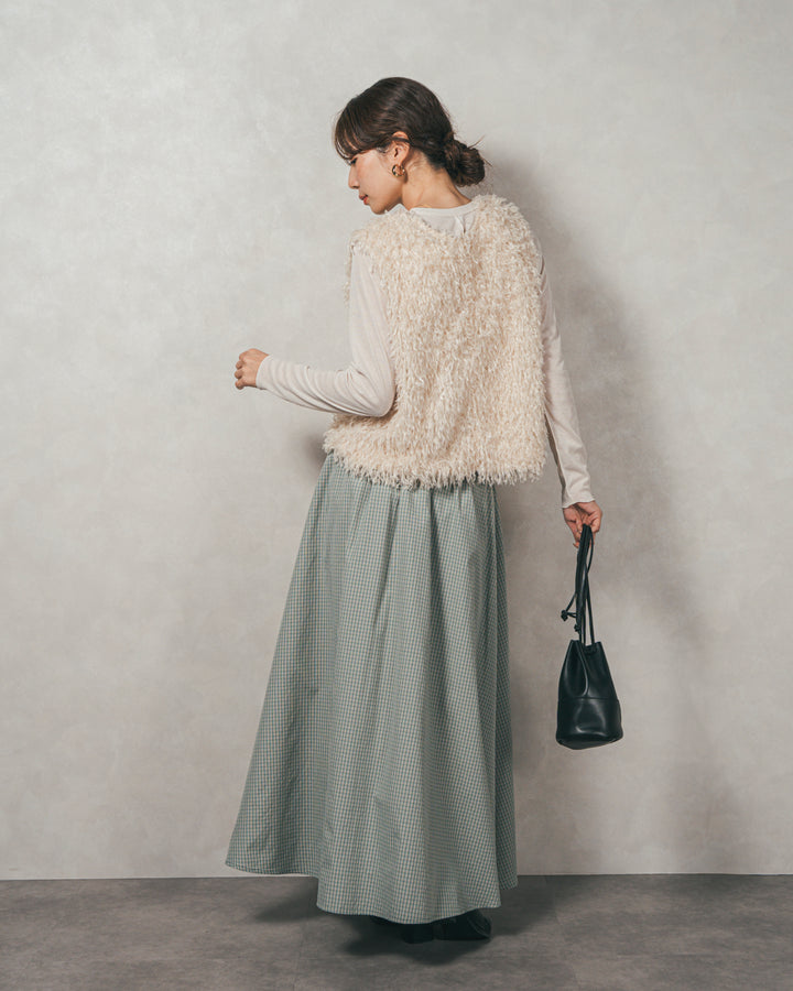 ［SET］2-Way フリンジベスト+チェックギャザーマキシスカート（2SET）