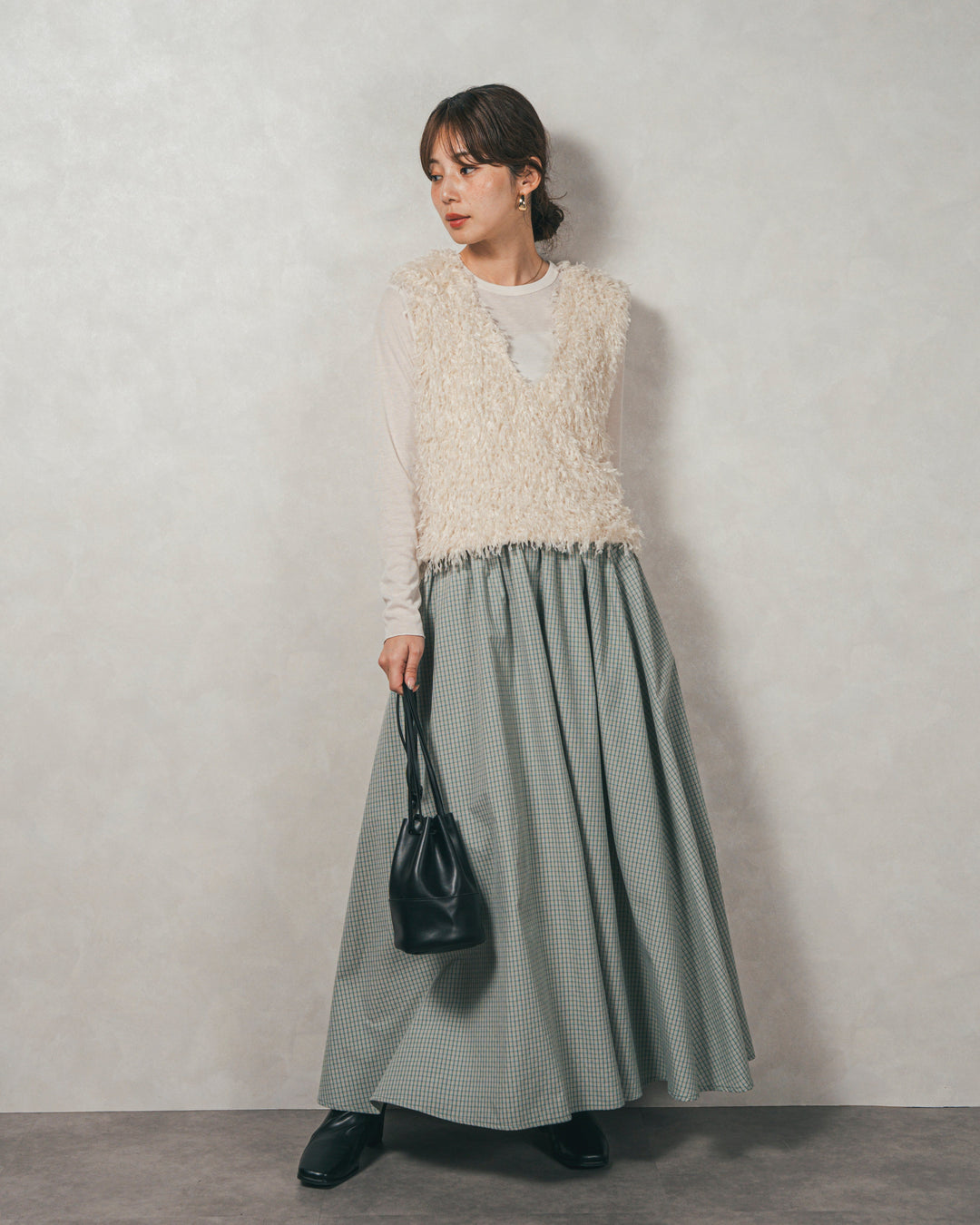 ［SET］2-Way フリンジベスト+チェックギャザーマキシスカート（2SET）