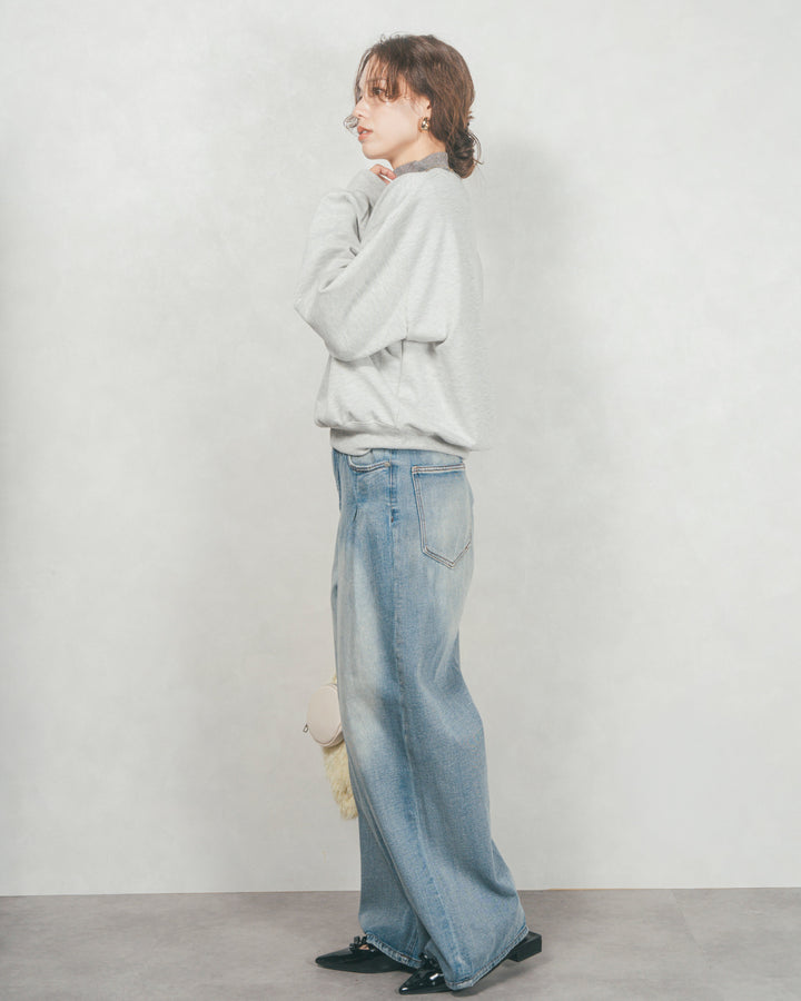 ［SET］フロントシリコンLogoスウェット+ワイドTuckイージーデニム