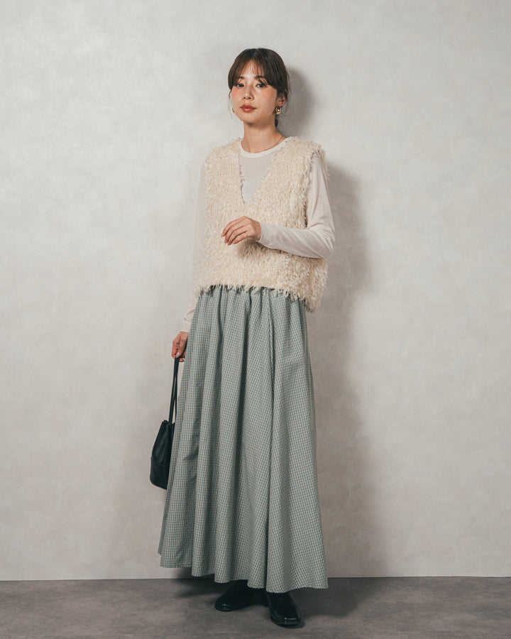［SET］2-Way フリンジベスト+チェックギャザーマキシスカート（2SET）