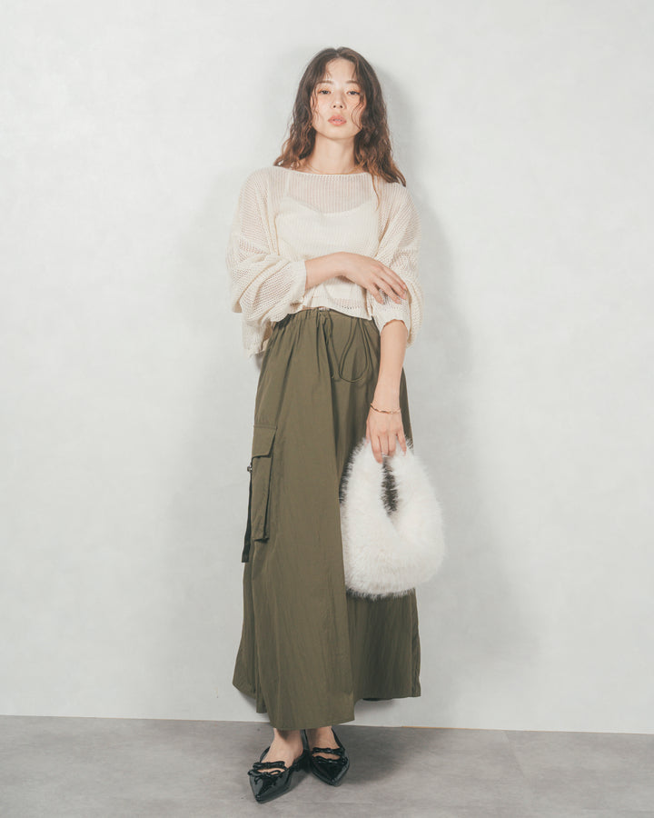 ドローストリングナイロンカーゴスカート (KHAKI)