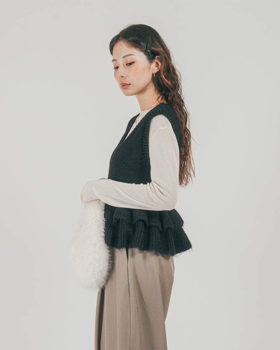 ［SET］2Way モヘアダブルFrillベスト + ダブルタック ハイウエストワイドパンツ（2SET）