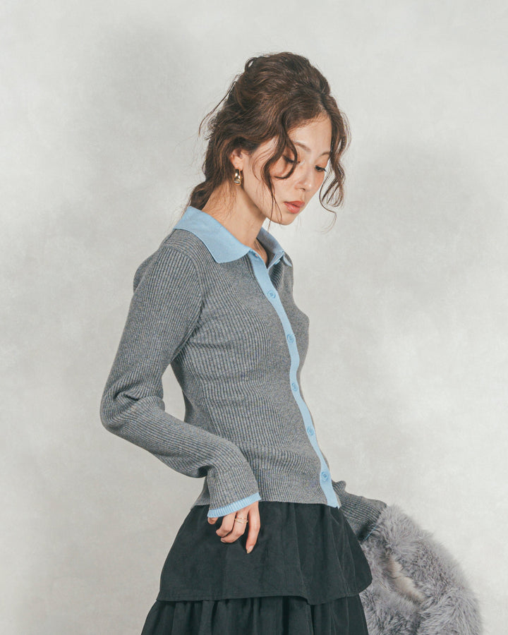 バイカラー襟付きニットトップス (GRAY x LIGHT BLUE)