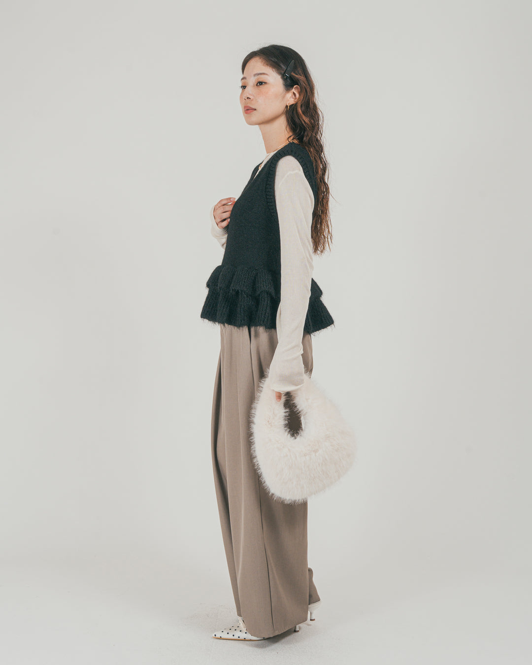 ［SET］2Way モヘアダブルFrillベスト + ダブルタック ハイウエストワイドパンツ（2SET）