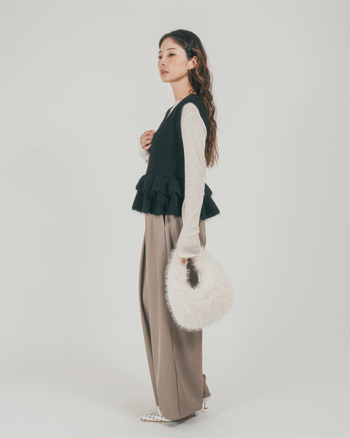 ［SET］2Way モヘアダブルFrillベスト + ダブルタック ハイウエストワイドパンツ（2SET）