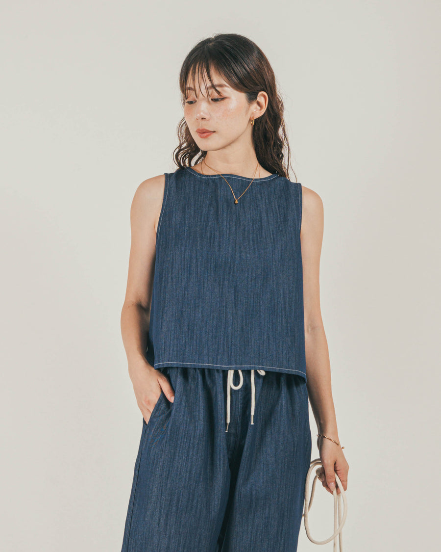 ［SET］スラブデニム 2Wayブラウス + Blockレース　ストレートパンツ（2SET）