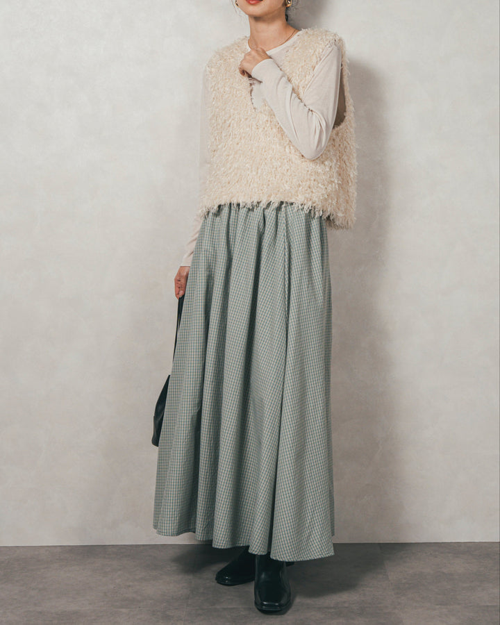 ［SET］2-Way フリンジベスト+チェックギャザーマキシスカート（2SET）