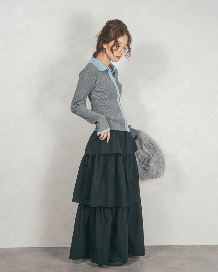 ［SET］バイカラー襟付きニットトップス+Flareティアードロングスカート（2SET）