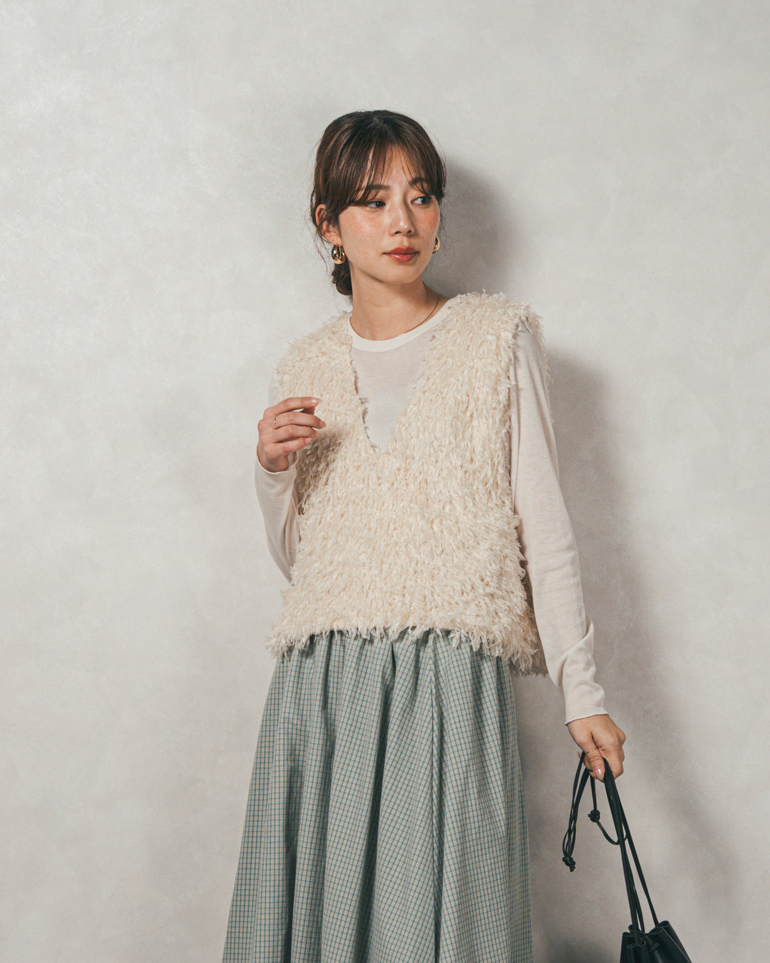 ［SET］2-Way フリンジベスト+チェックギャザーマキシスカート（2SET）