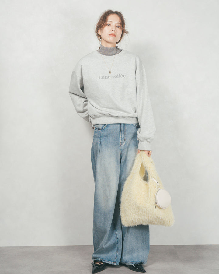 ［SET］フロントシリコンLogoスウェット+ワイドTuckイージーデニム