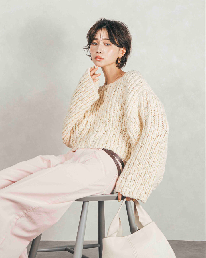 ［SET］ボリュームチャンキースラブ クロップドニット+センターシーム リラックスカラーデニム（2SET）