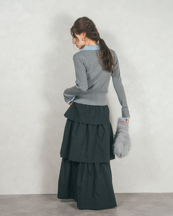 ［SET］バイカラー襟付きニットトップス+Flareティアードロングスカート（2SET）