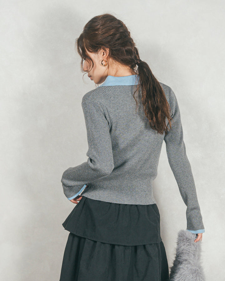 ［SET］バイカラー襟付きニットトップス+Flareティアードロングスカート（2SET）