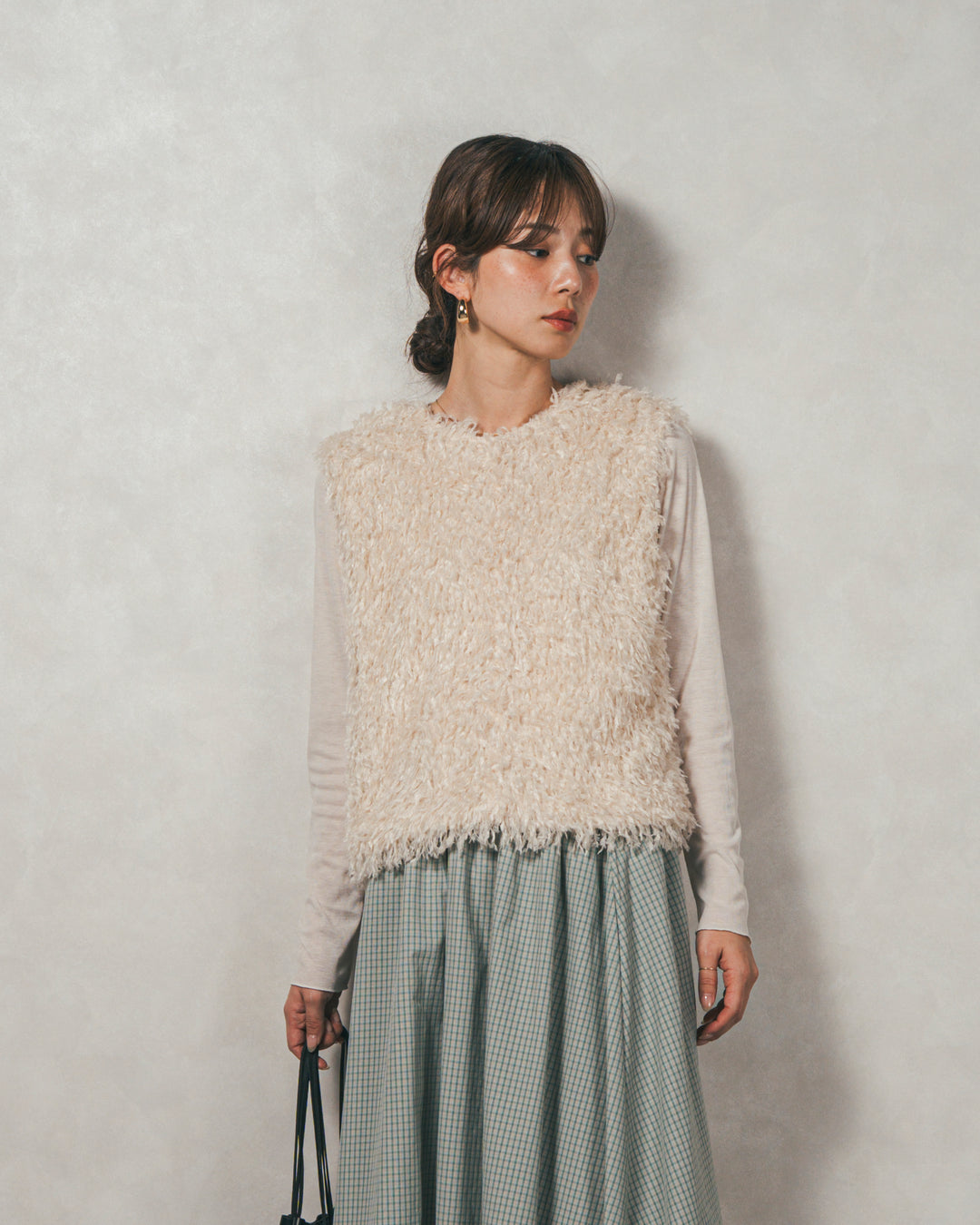 ［SET］2-Way フリンジベスト+チェックギャザーマキシスカート（2SET）