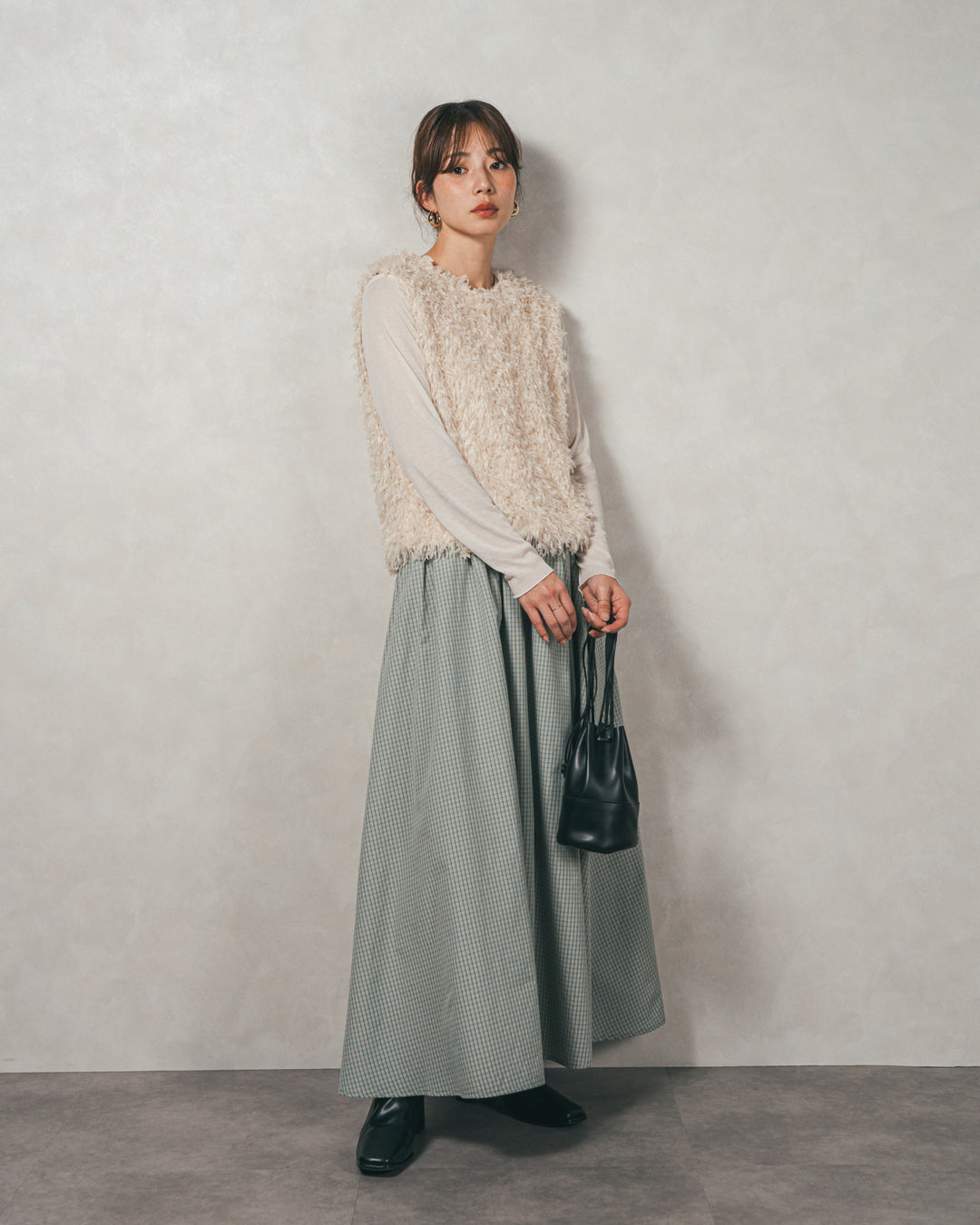 ［SET］2-Way フリンジベスト+チェックギャザーマキシスカート（2SET）