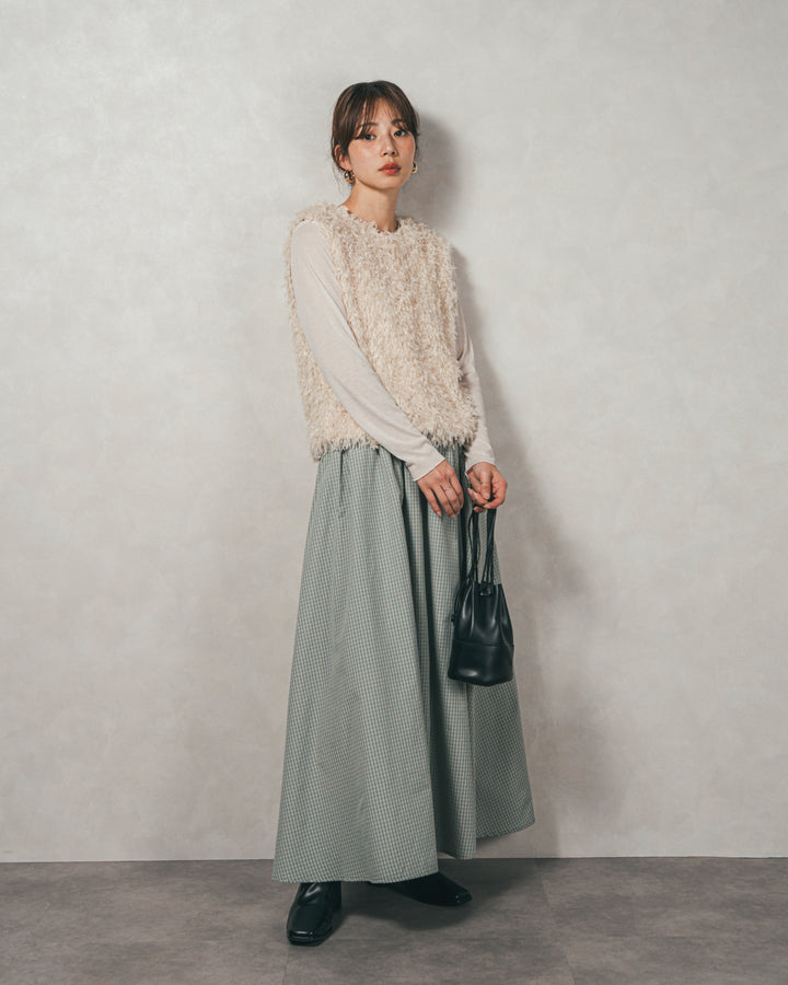 ［SET］2-Way フリンジベスト+チェックギャザーマキシスカート（2SET）