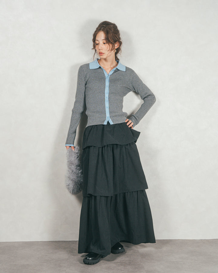 バイカラー襟付きニットトップス (GRAY x LIGHT BLUE)