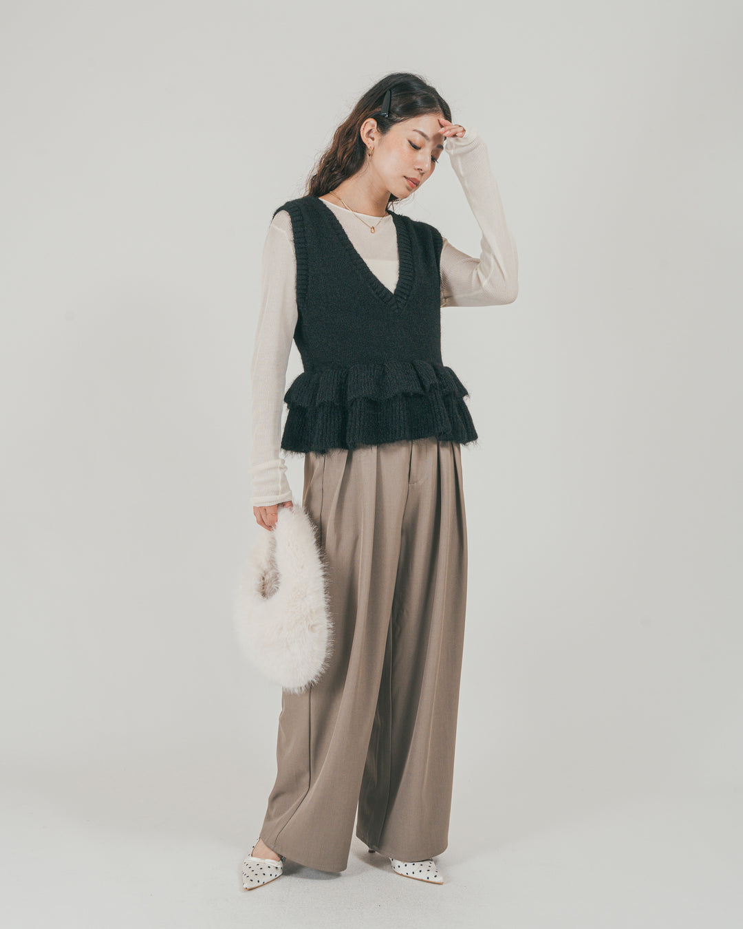［SET］2Way モヘアダブルFrillベスト + ダブルタック ハイウエストワイドパンツ（2SET）