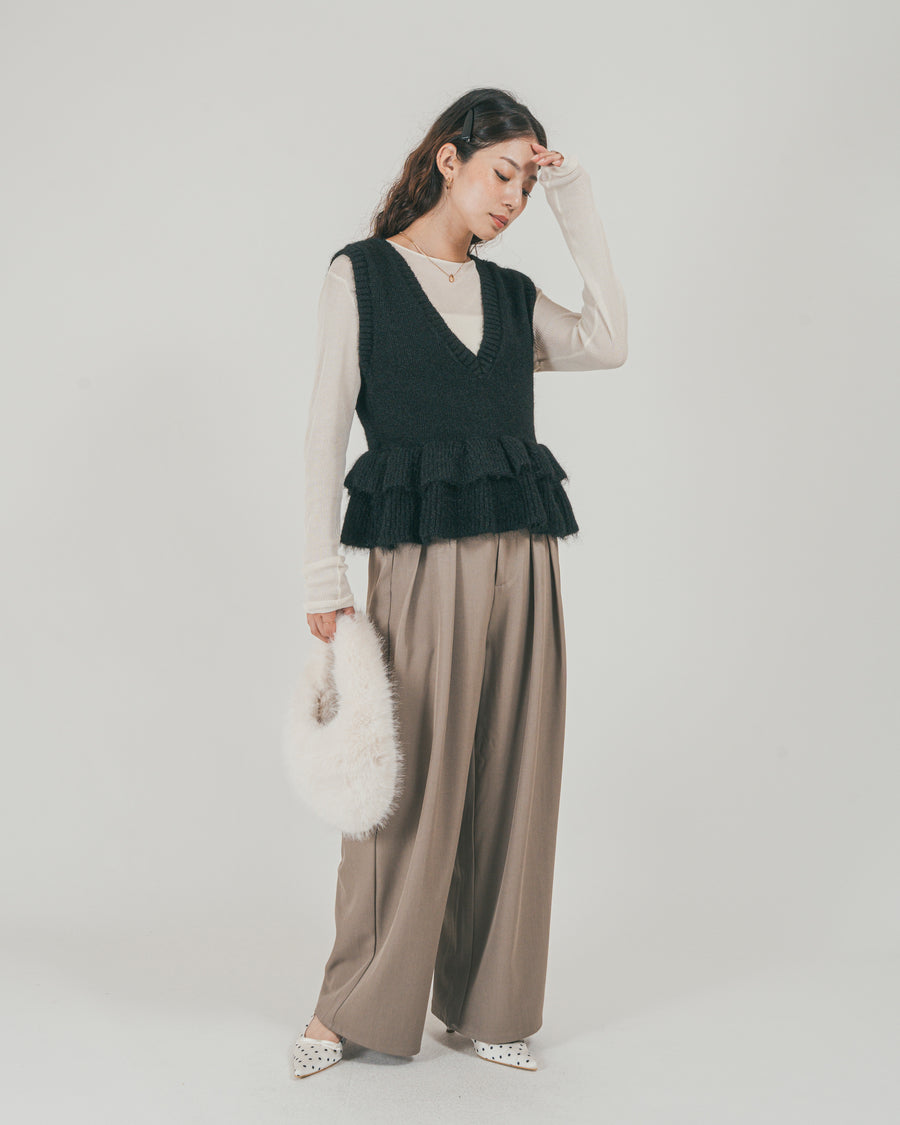 ［SET］2Way モヘアダブルFrillベスト + ダブルタック ハイウエストワイドパンツ（2SET）