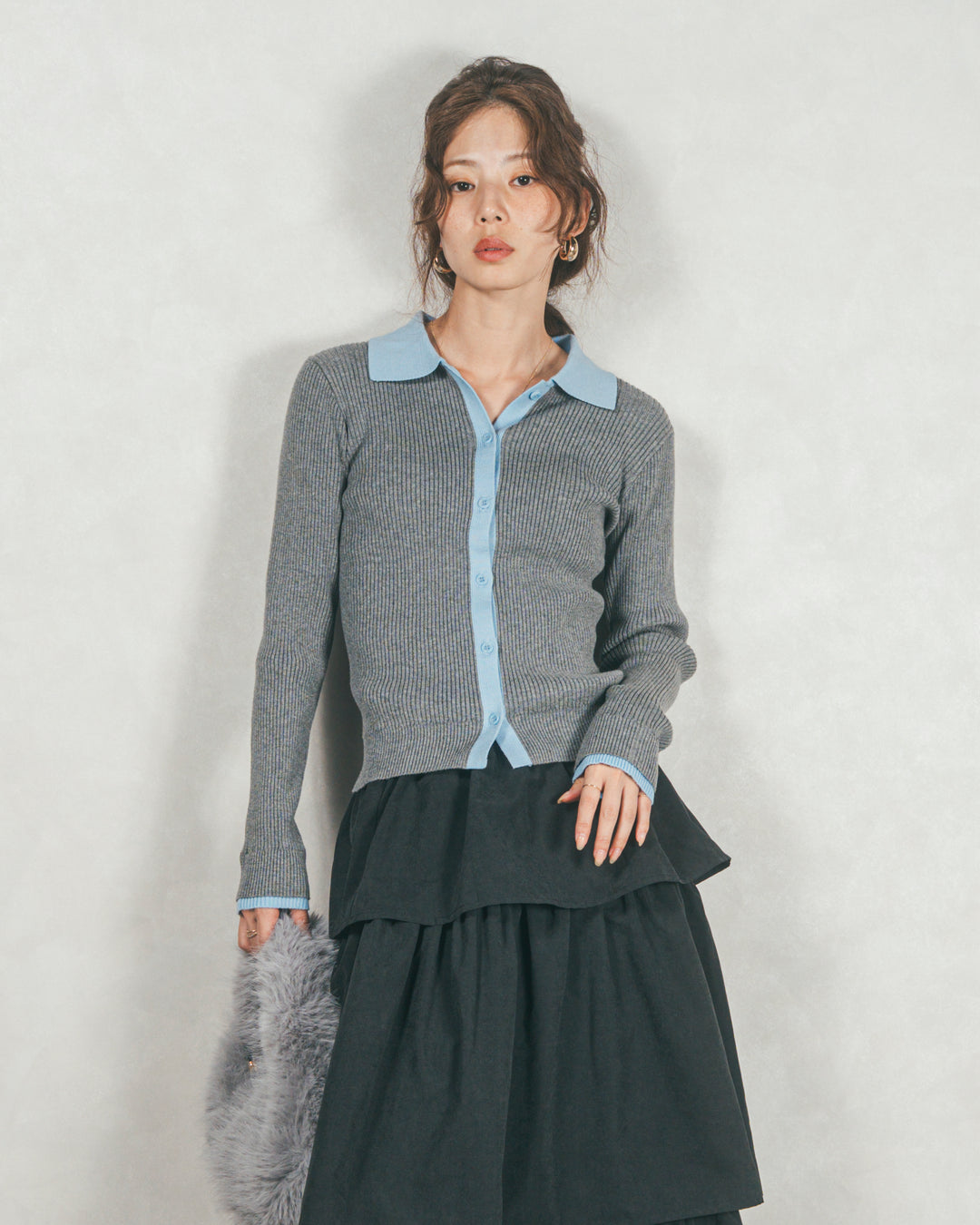 ［SET］バイカラー襟付きニットトップス+Flareティアードロングスカート（2SET）