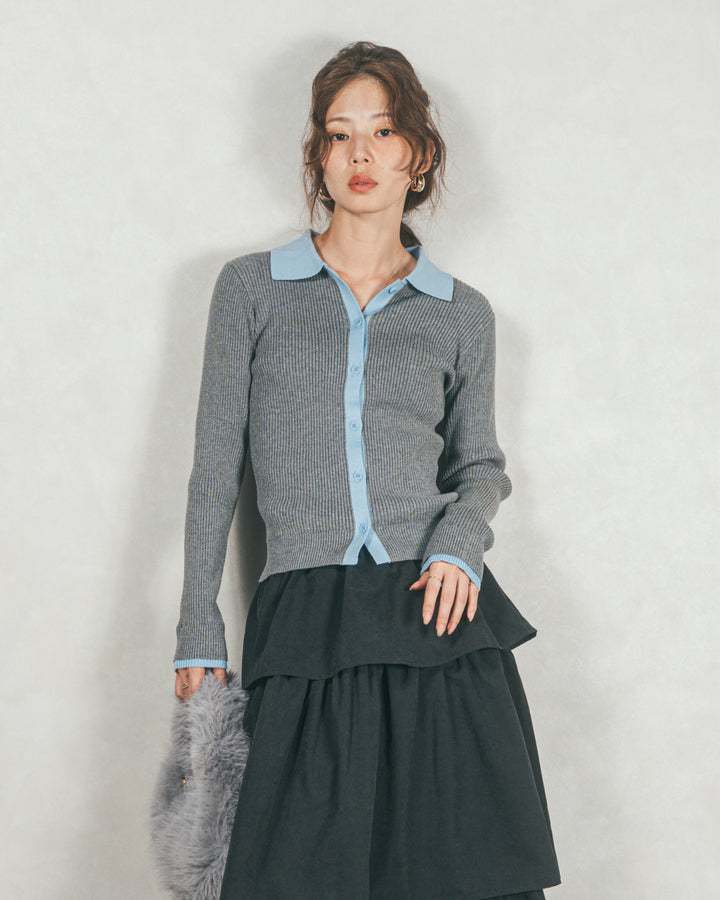 ［SET］バイカラー襟付きニットトップス+Flareティアードロングスカート（2SET）