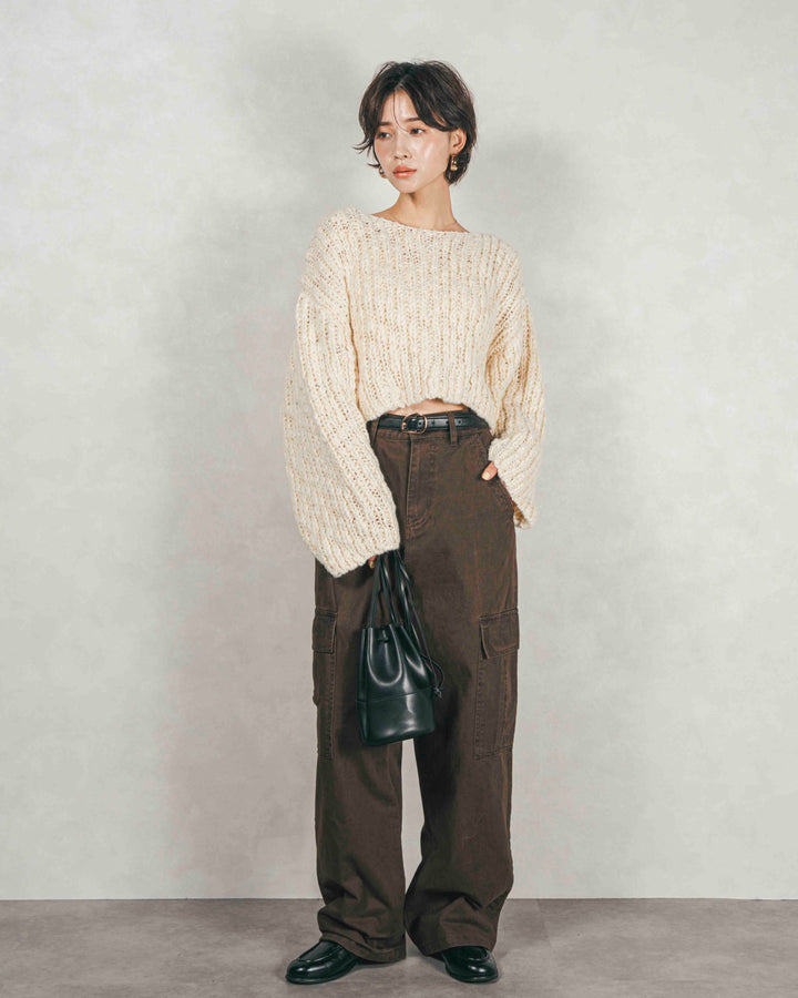 ［SET］ボリュームチャンキースラブ クロップドニット+ピグメントツイルカーゴパンツ（2SET）