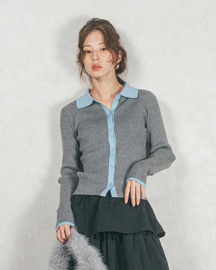 バイカラー襟付きニットトップス (GRAY x LIGHT BLUE)