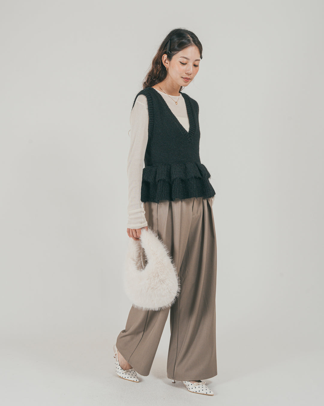 ［SET］2Way モヘアダブルFrillベスト + ダブルタック ハイウエストワイドパンツ（2SET）