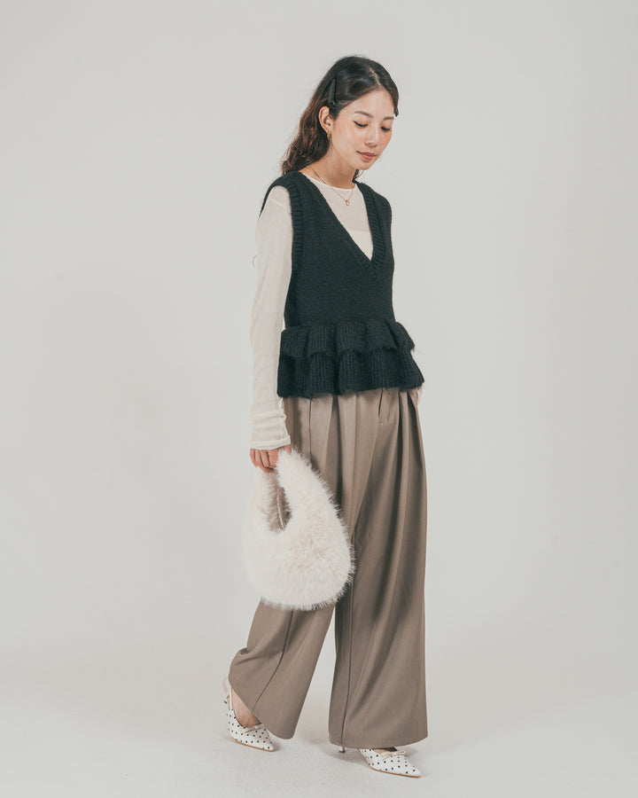 ［SET］2Way モヘアダブルFrillベスト + ダブルタック ハイウエストワイドパンツ（2SET）