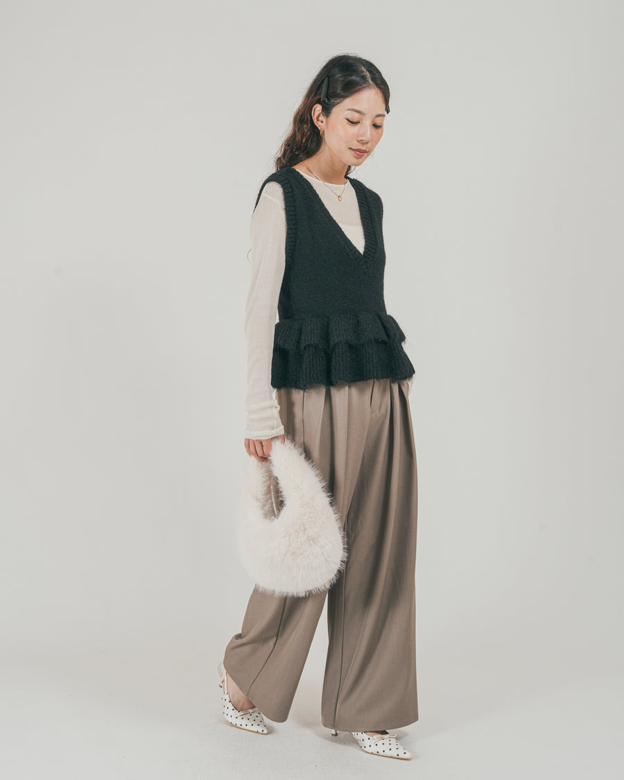 ［SET］2Way モヘアダブルFrillベスト + ダブルタック ハイウエストワイドパンツ（2SET）