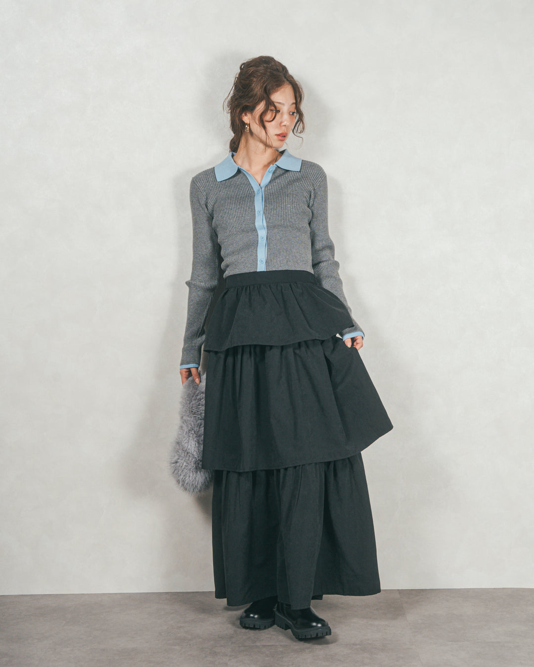 ［SET］バイカラー襟付きニットトップス+Flareティアードロングスカート（2SET）