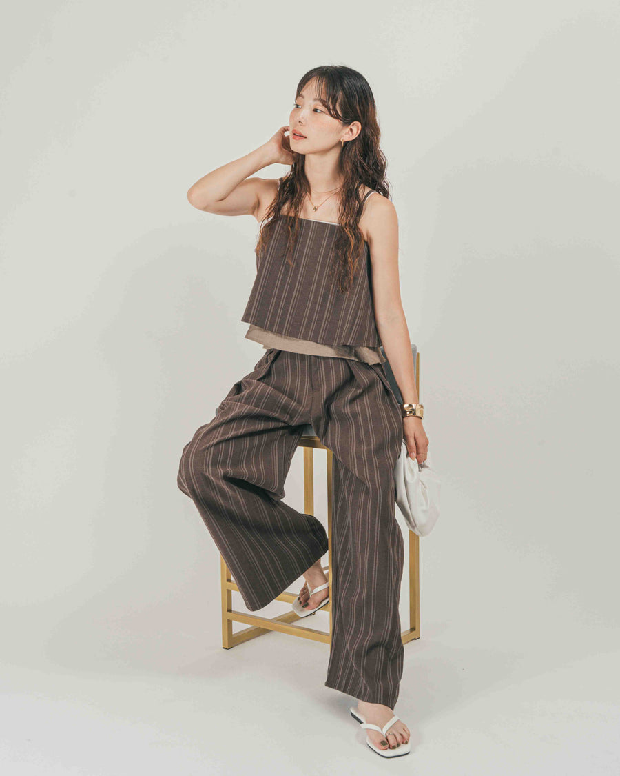 ［SET］リネンストライプ レイヤードキャミ + リネンストライプ Relaxタックパンツ（2SET）