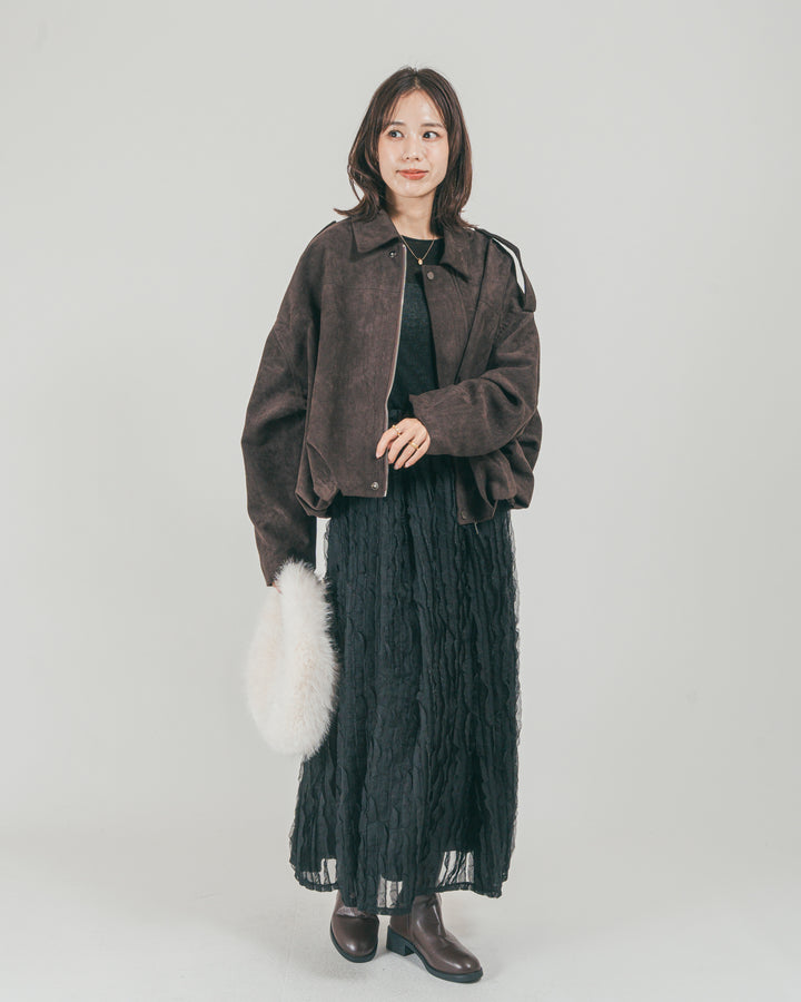 ［SET］ステンカラースウェードブルゾン + シアーフリルフレアスカート（2SET）
