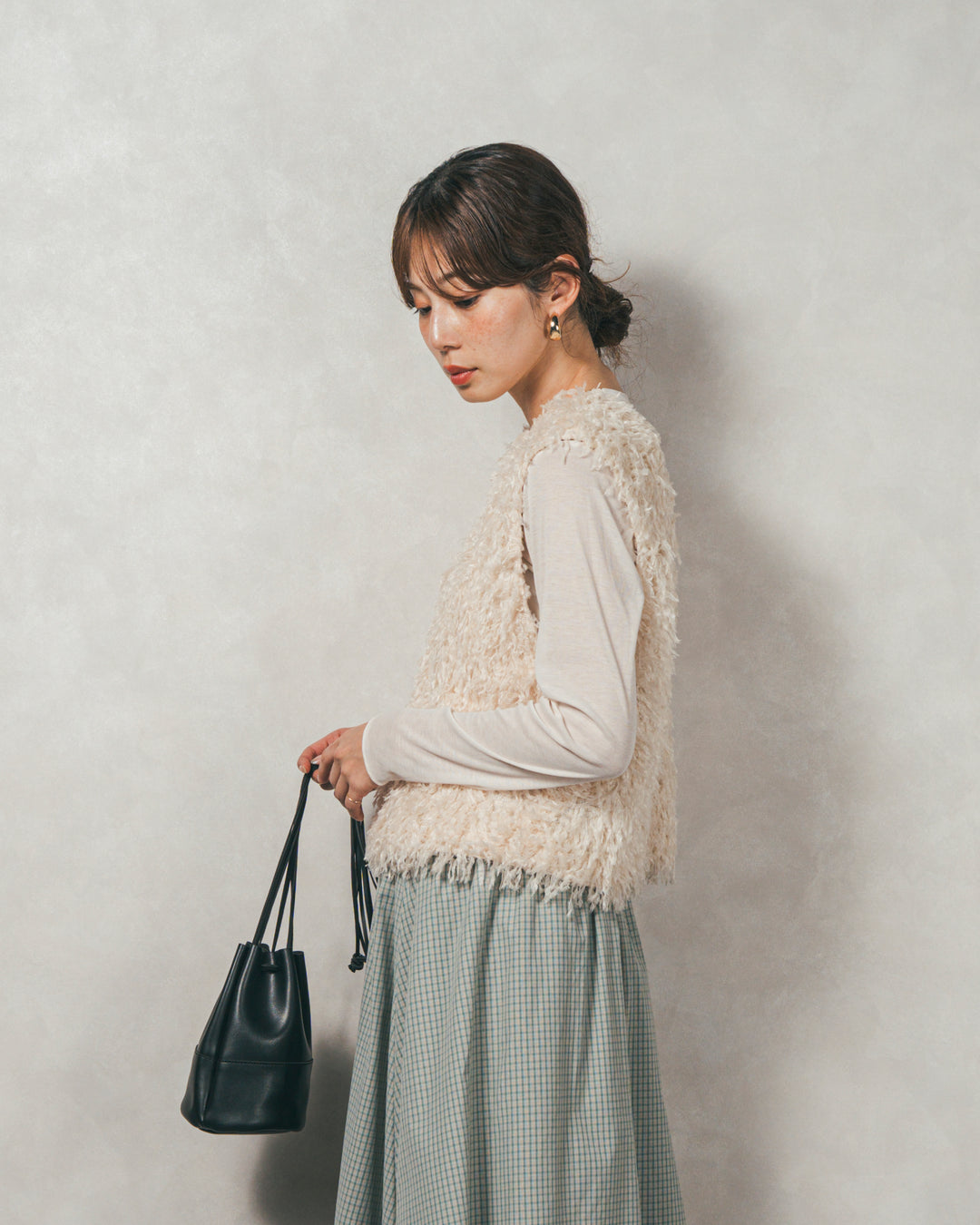 ［SET］2-Way フリンジベスト+チェックギャザーマキシスカート（2SET）