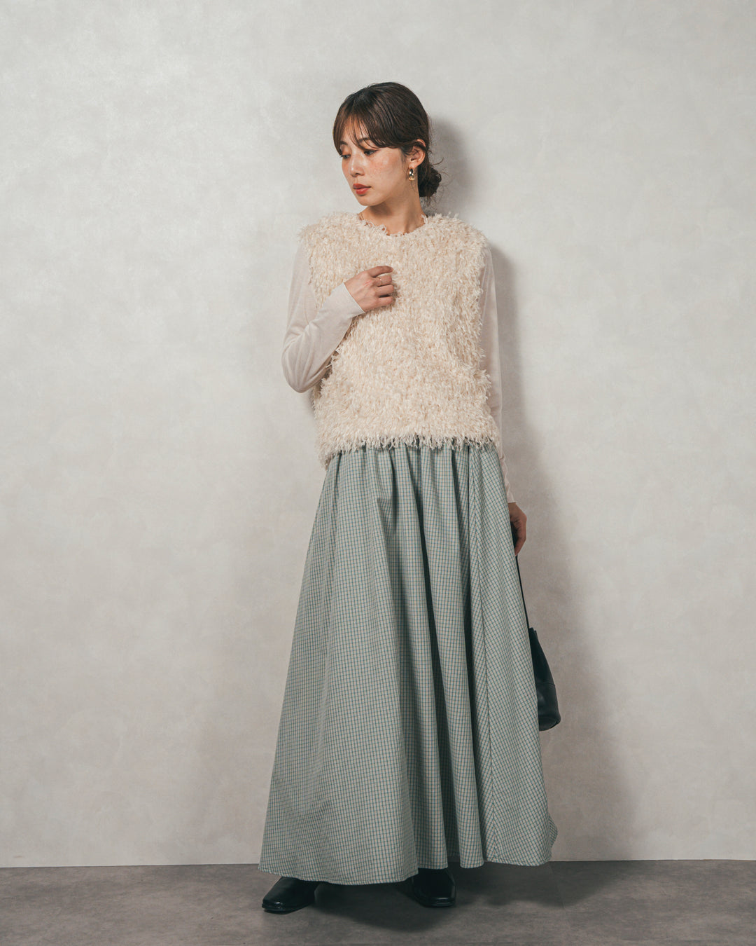 ［SET］2-Way フリンジベスト+チェックギャザーマキシスカート（2SET）