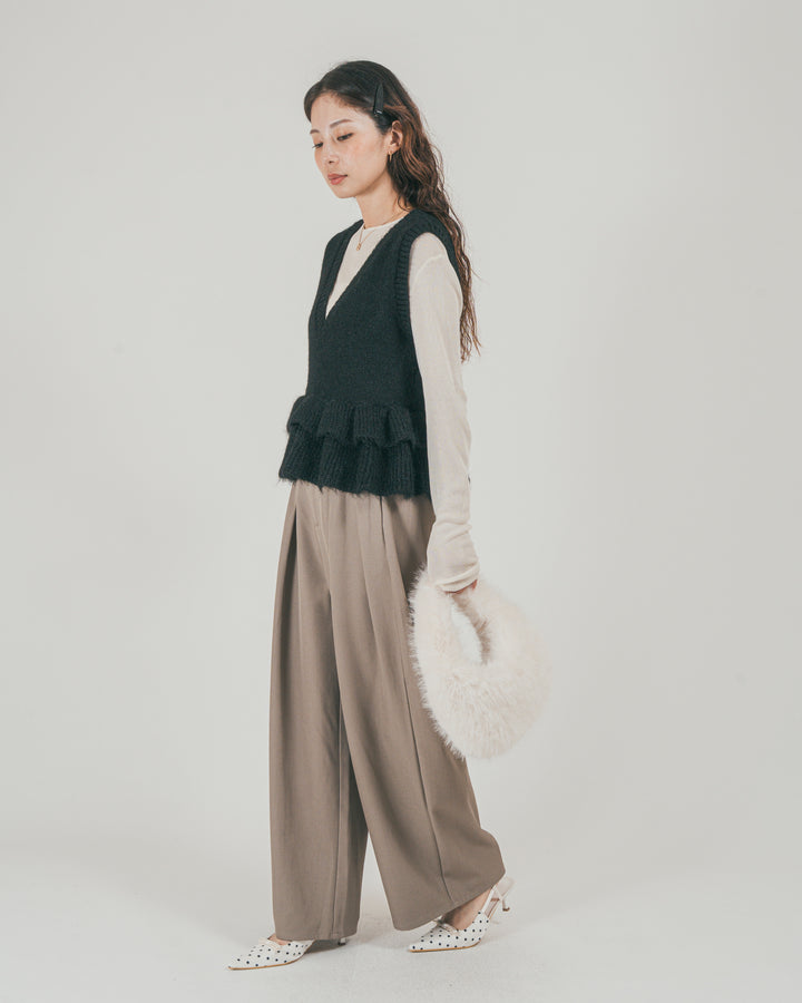 ［SET］2Way モヘアダブルFrillベスト + ダブルタック ハイウエストワイドパンツ（2SET）