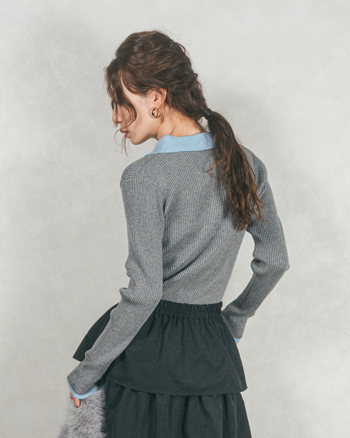 バイカラー襟付きニットトップス (GRAY x LIGHT BLUE)