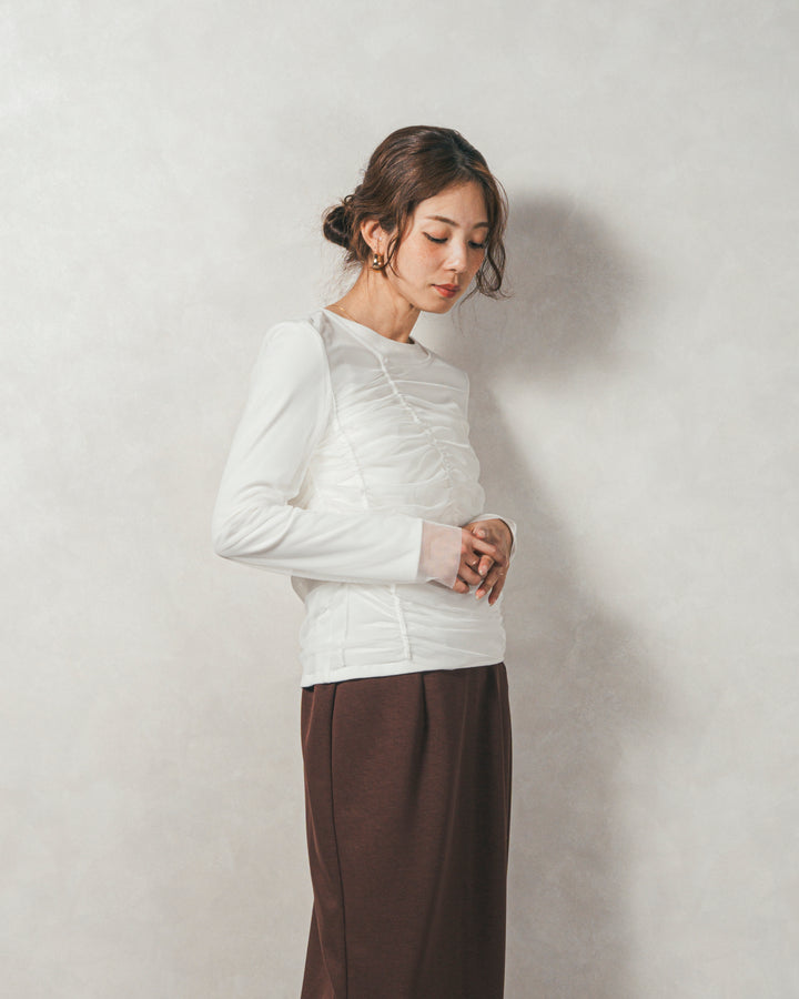 ［SET］【2枚SET】チュールshirringトップス&リブトップス+Multi-Way ライトポンチペプラムスカート（2SET）