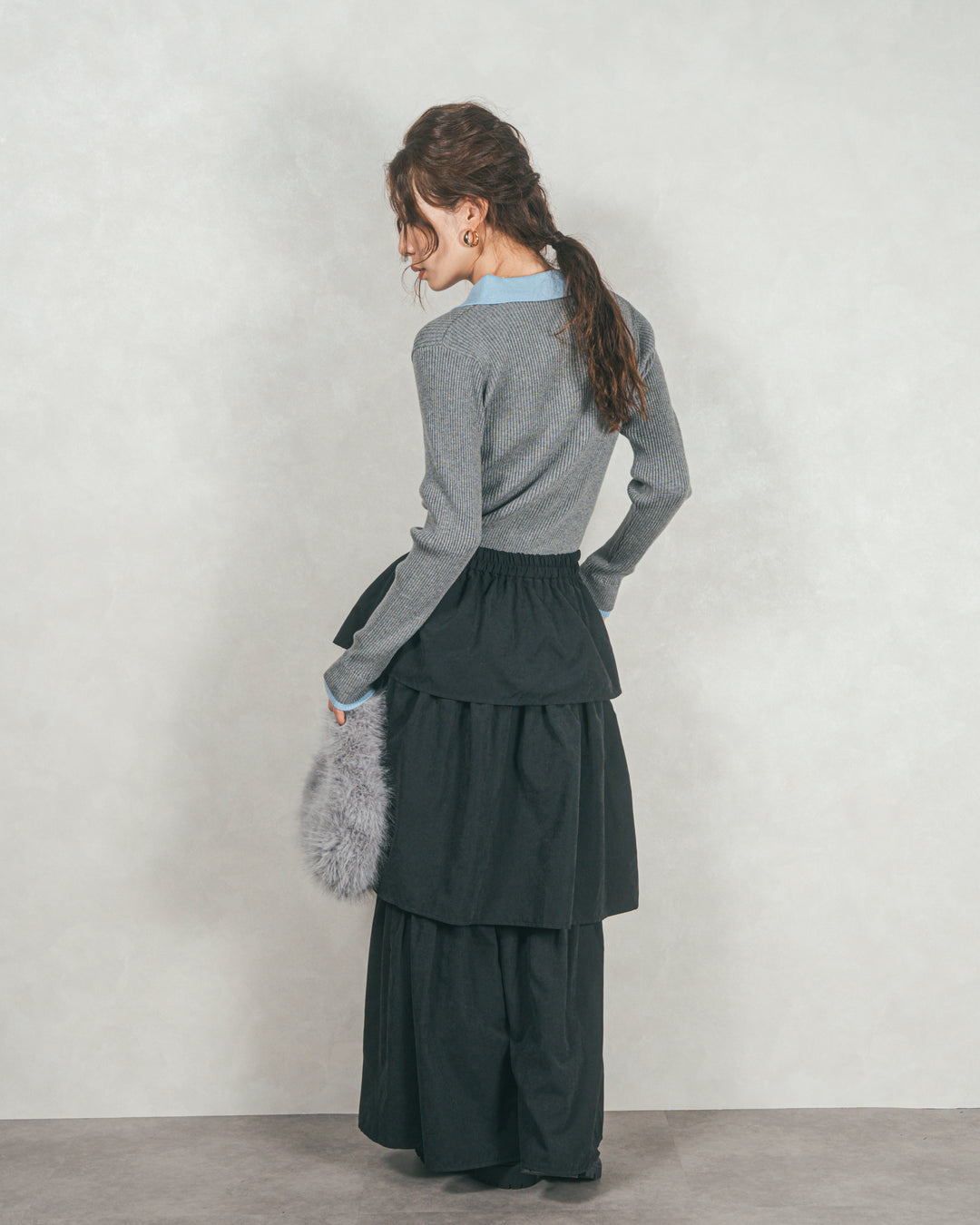 バイカラー襟付きニットトップス (GRAY x LIGHT BLUE)