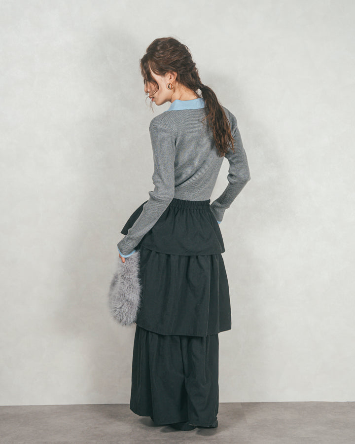 バイカラー襟付きニットトップス (GRAY x LIGHT BLUE)