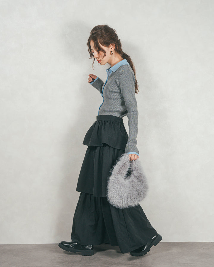 バイカラー襟付きニットトップス (GRAY x LIGHT BLUE)