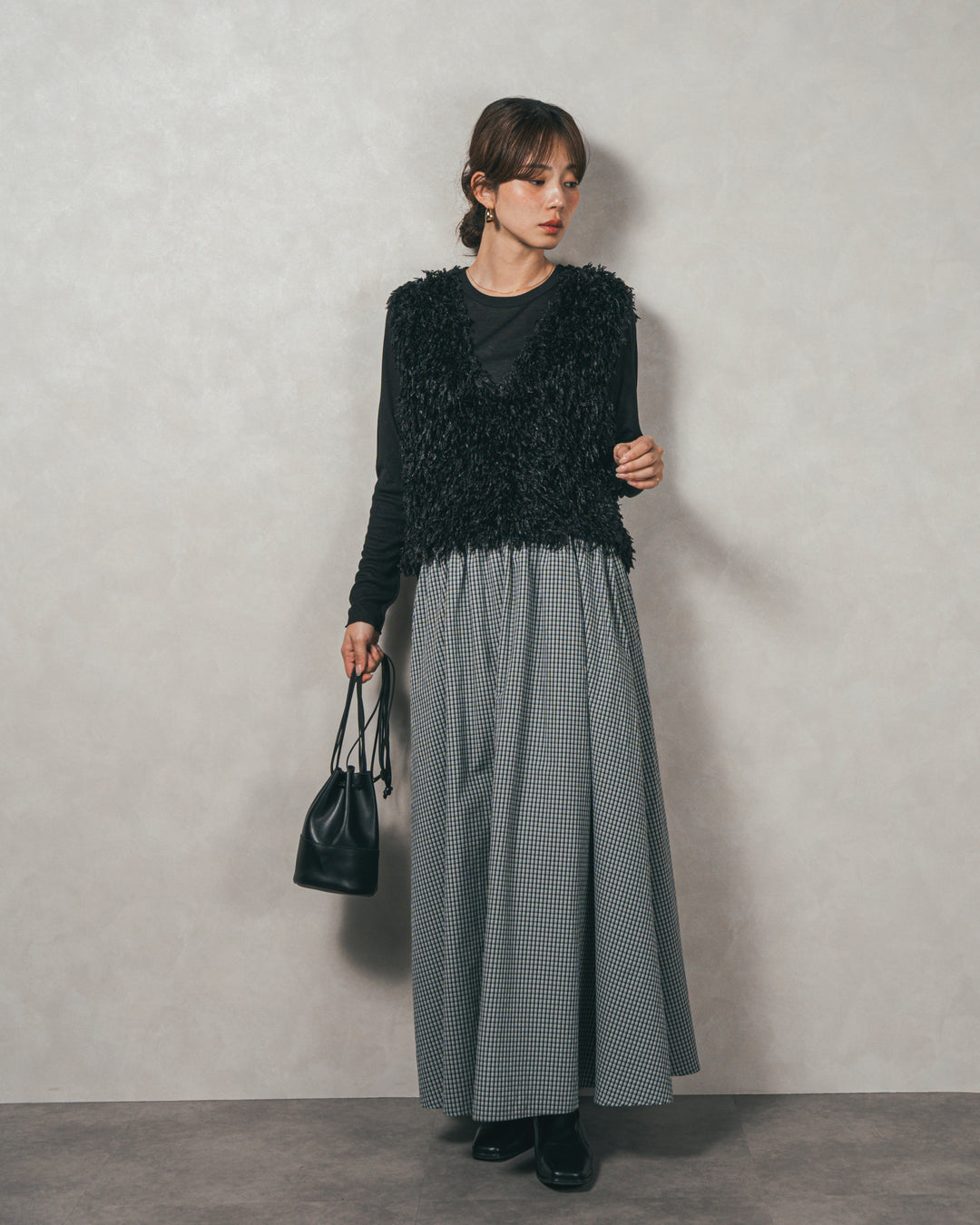 ［SET］2-Way フリンジベスト+チェックギャザーマキシスカート（2SET）
